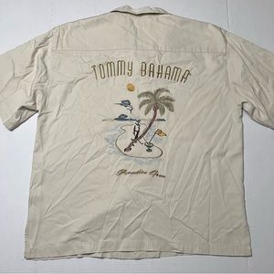 Tommy Bahama Shirt Mens Large Beige Silk Embroidered Paradise Open Golf Camp